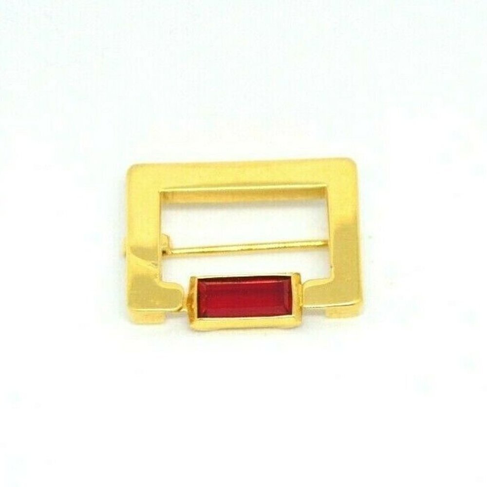 Red Glass Rhinestone Gold Tone Rectangle Openwork